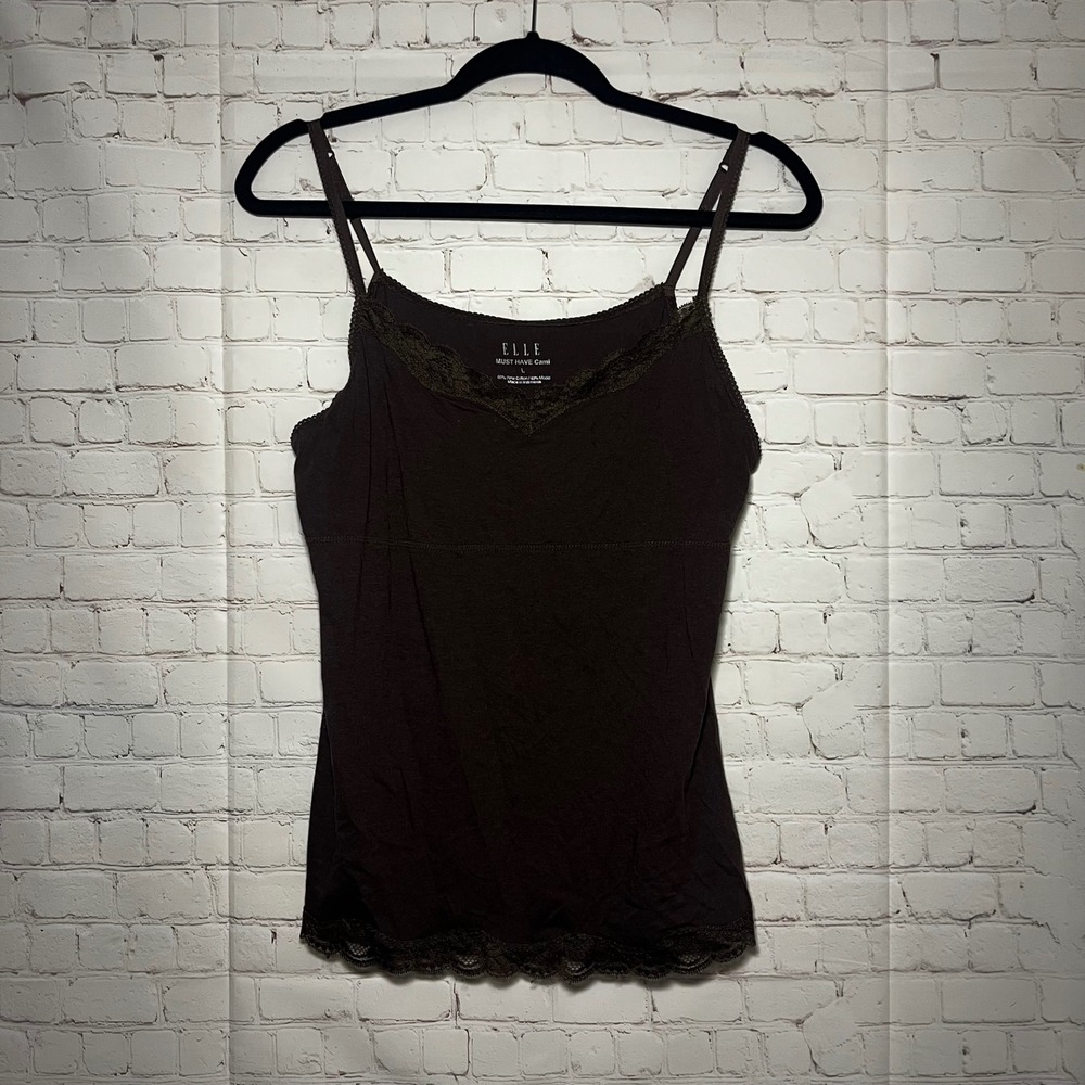 ELLE Must Have Cami Lace Trim Chocolate Brown Pima Cotton Modal Women's Y2K Sz L